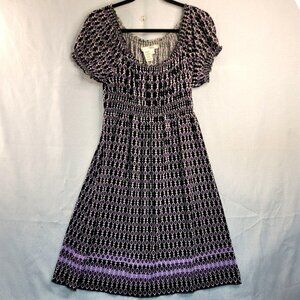 Max Studio Geometric Midi Dress S Black Puff Sleeves Romantic Rockabilly Retro